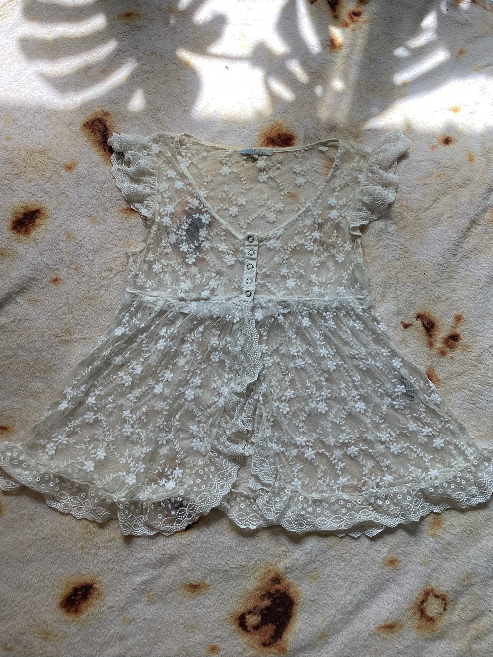 Sheer Lace Floral Babydoll Top - Ivory